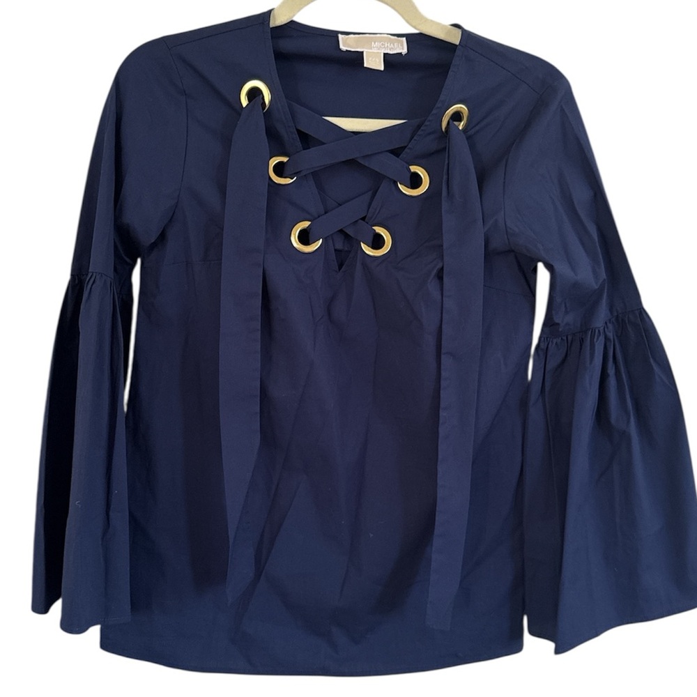 Michael Kors Navy Lace-Up Blouse with Bell Sleeves